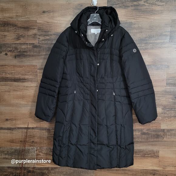 Calvin Klein Down Hooded Puffer Parka Coat Jacket LP Zip Pockets Black NWOT - Picture 1 of 13